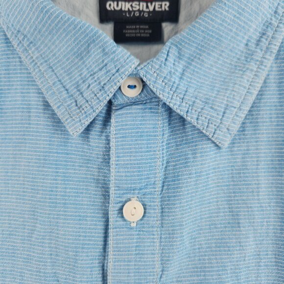 Quiksilver Button Up Shirt Men Short Sleeve Blue Striped Large Cotton Woven - Picture 8 of 15